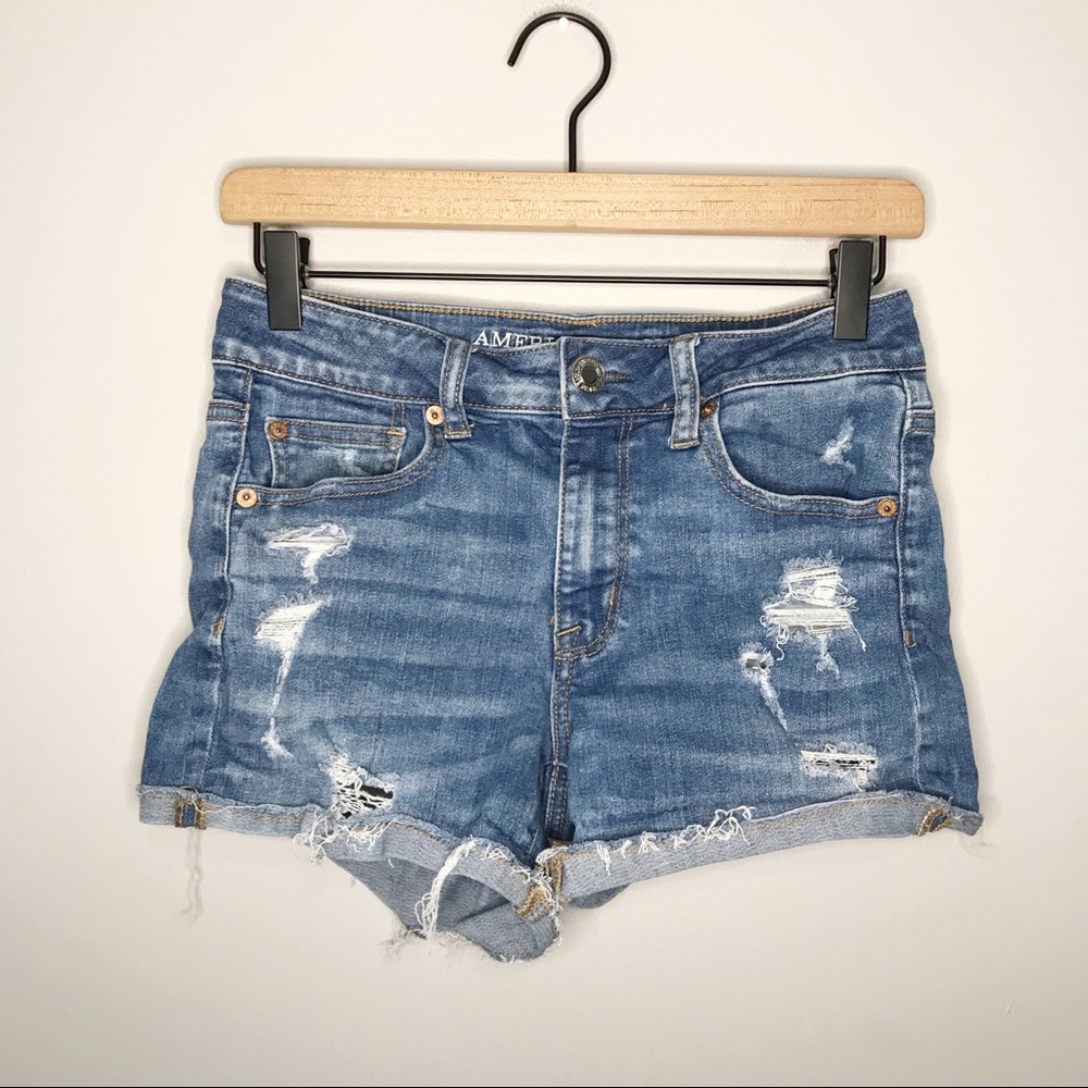 AEO Destroyed Cutoff Hi-Rise Shortie Jean Shorts in Medium Wash Blue 4